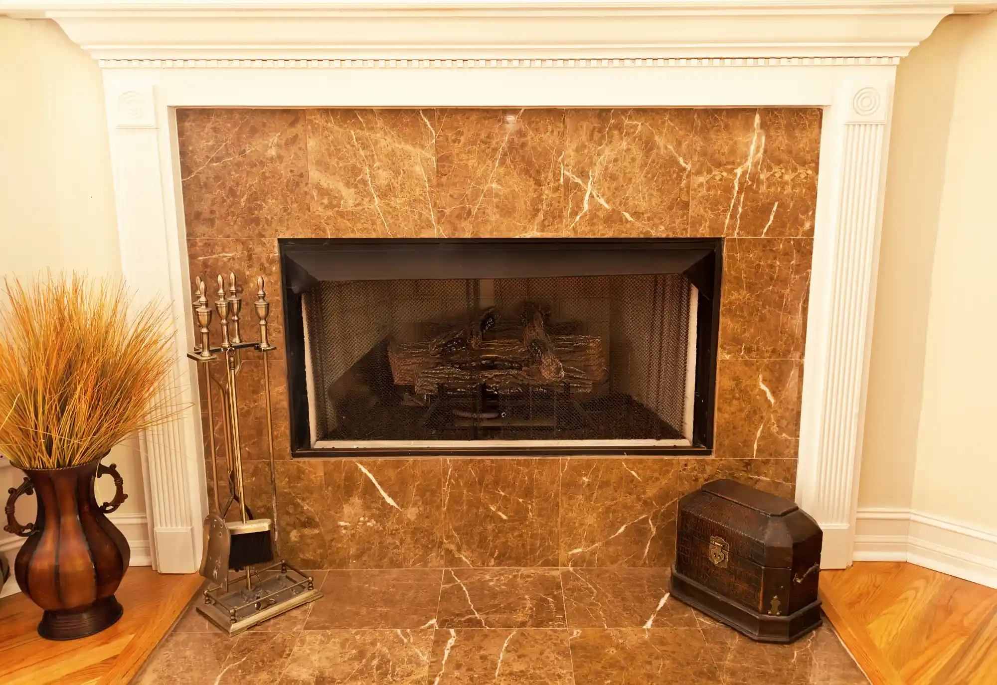 Custom tiled fireplace with brown eco friendly tile